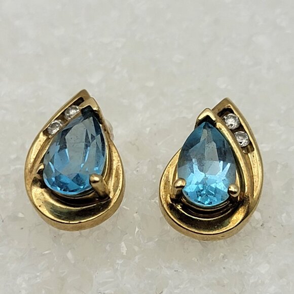 10K Yellow Gold Blue Topaz & Diamond Teardrop Stud Earrings 13mm Vtg. Signed Aj - Picture 1 of 9